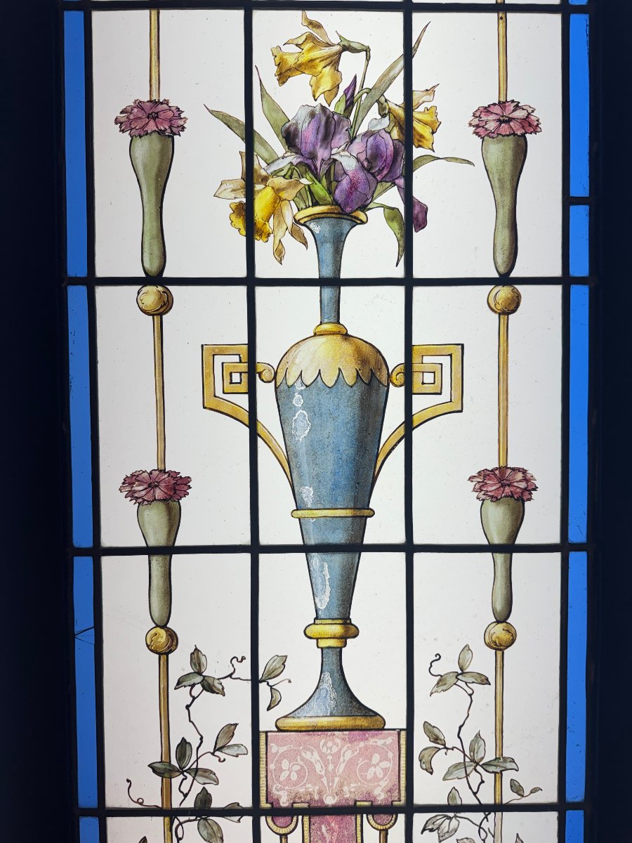 Pair Of Stained-glass Windows Featuring Amphorae With Flowers (h 172 Cm, W 86 Cm)-photo-4