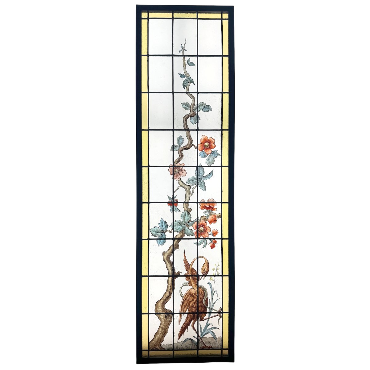 Vitrail à l’échassier et à la branche fleurie (H181 L50cm)