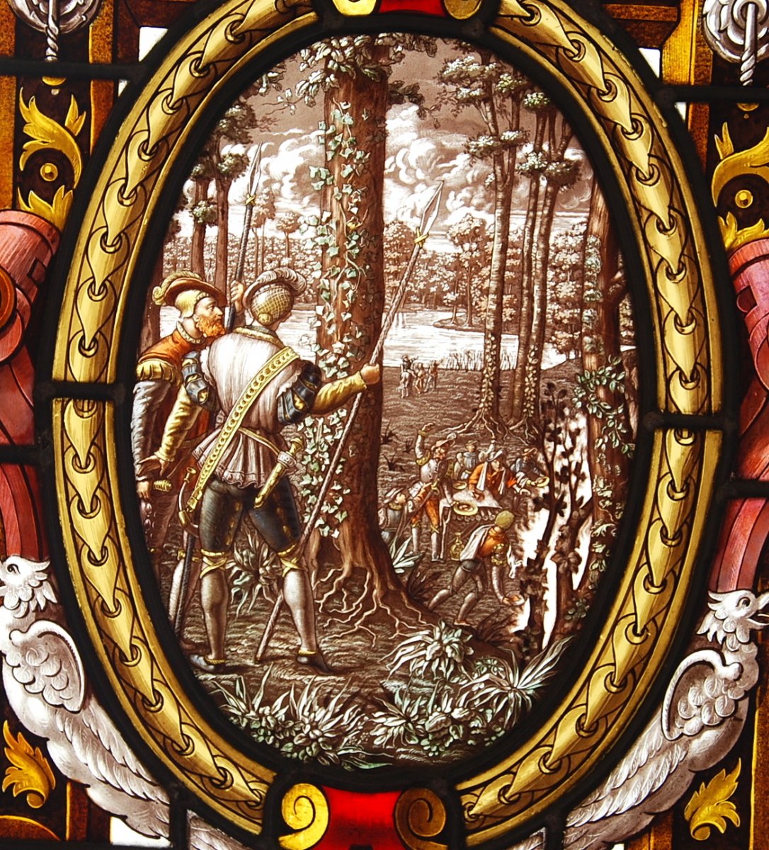 Paire Vitraux Signé J.vantillard Médaillon Sur Le Thème De La Chasse Date 1884-photo-3