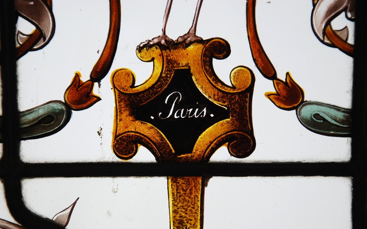 Paire Vitraux Signé J.vantillard Médaillon Sur Le Thème De La Chasse Date 1884-photo-6
