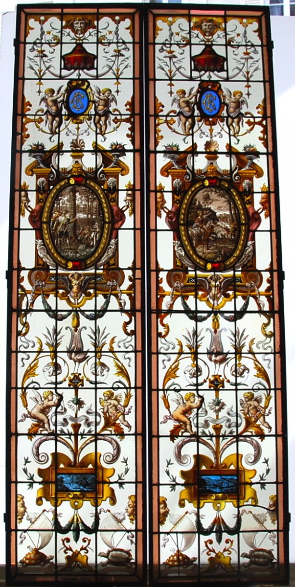 Paire Vitraux Signé J.vantillard Médaillon Sur Le Thème De La Chasse Date 1884