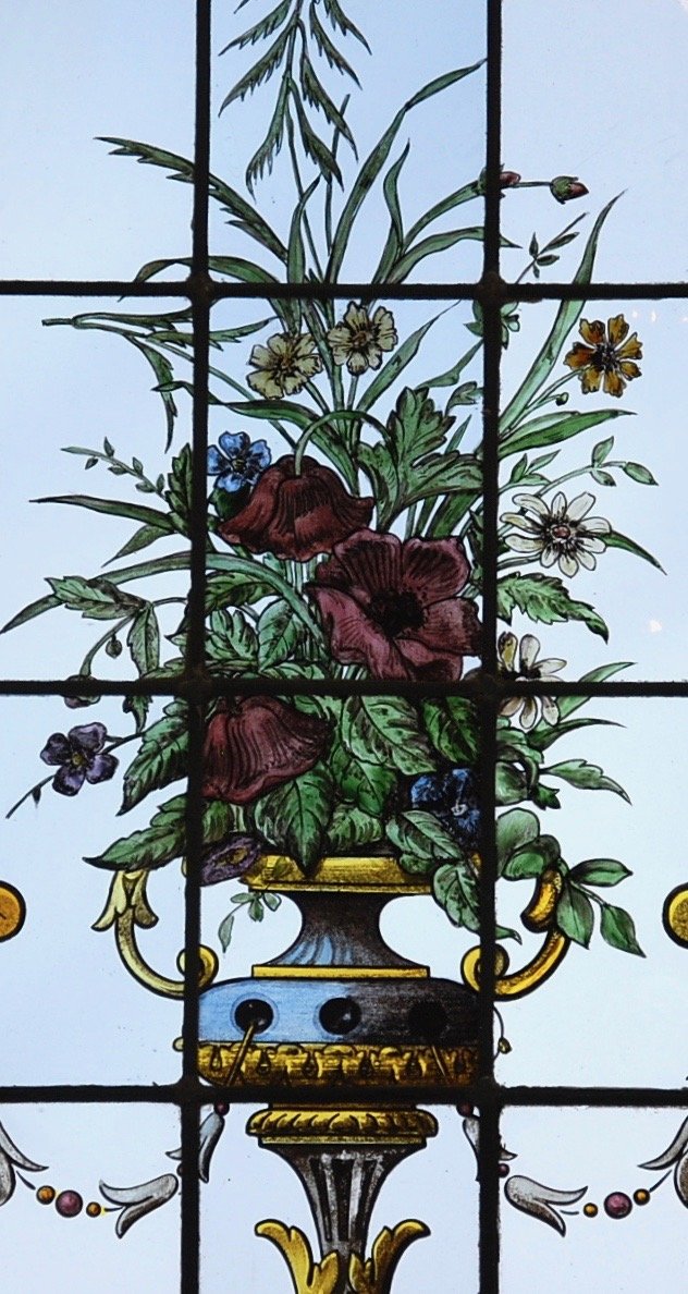 Vitrail Vitraux Paire De Vitraux Aux Bouquets Fleuris V83-photo-4