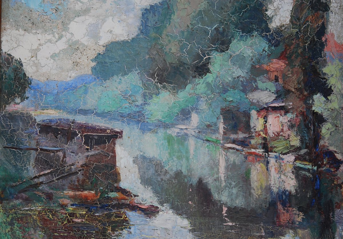 Oil On Cardboard The Seine At Neuilly Signed Masp-photo-2