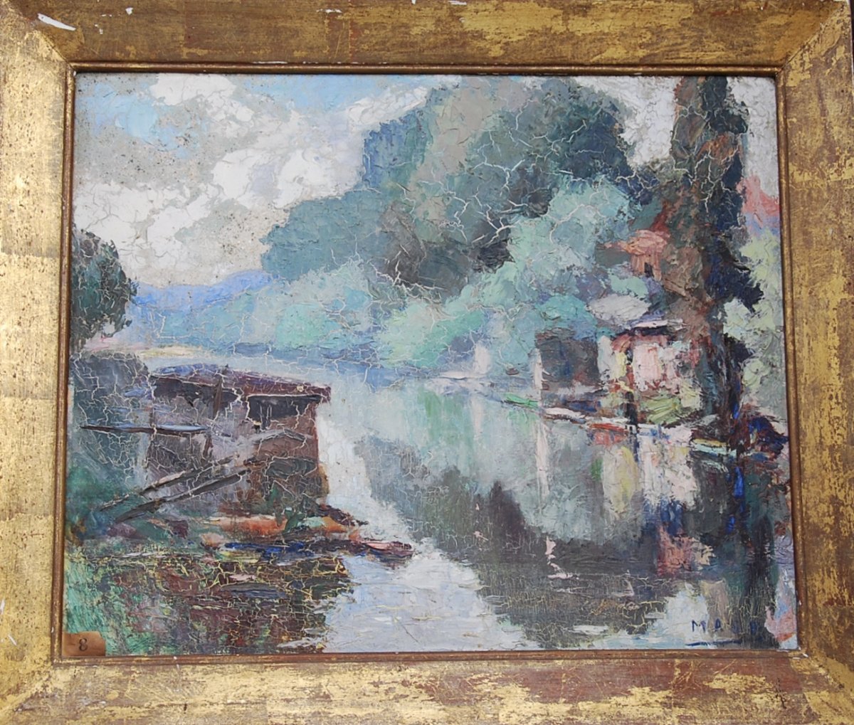 Oil On Cardboard The Seine At Neuilly Signed Masp