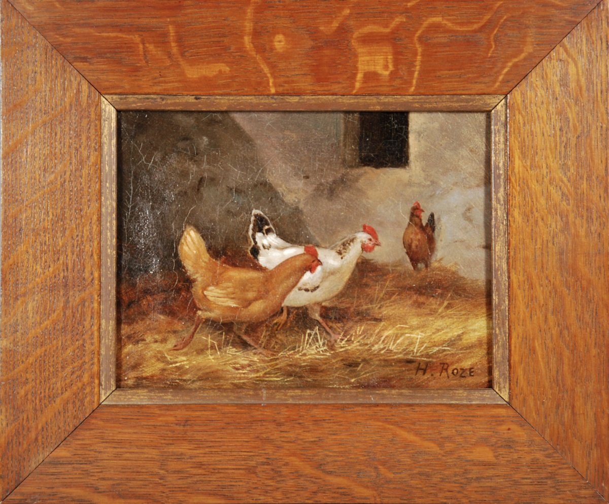 Les Trois Poules Huile Sur Toile Signé H.roze-photo-2