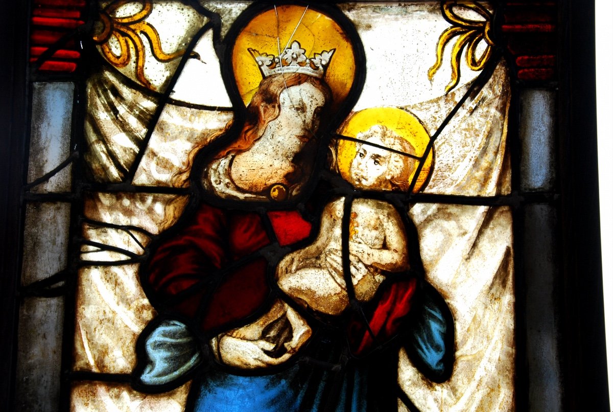 Stained Glass Window Stained Glass Madonna And Child H71cm L55cm-photo-2