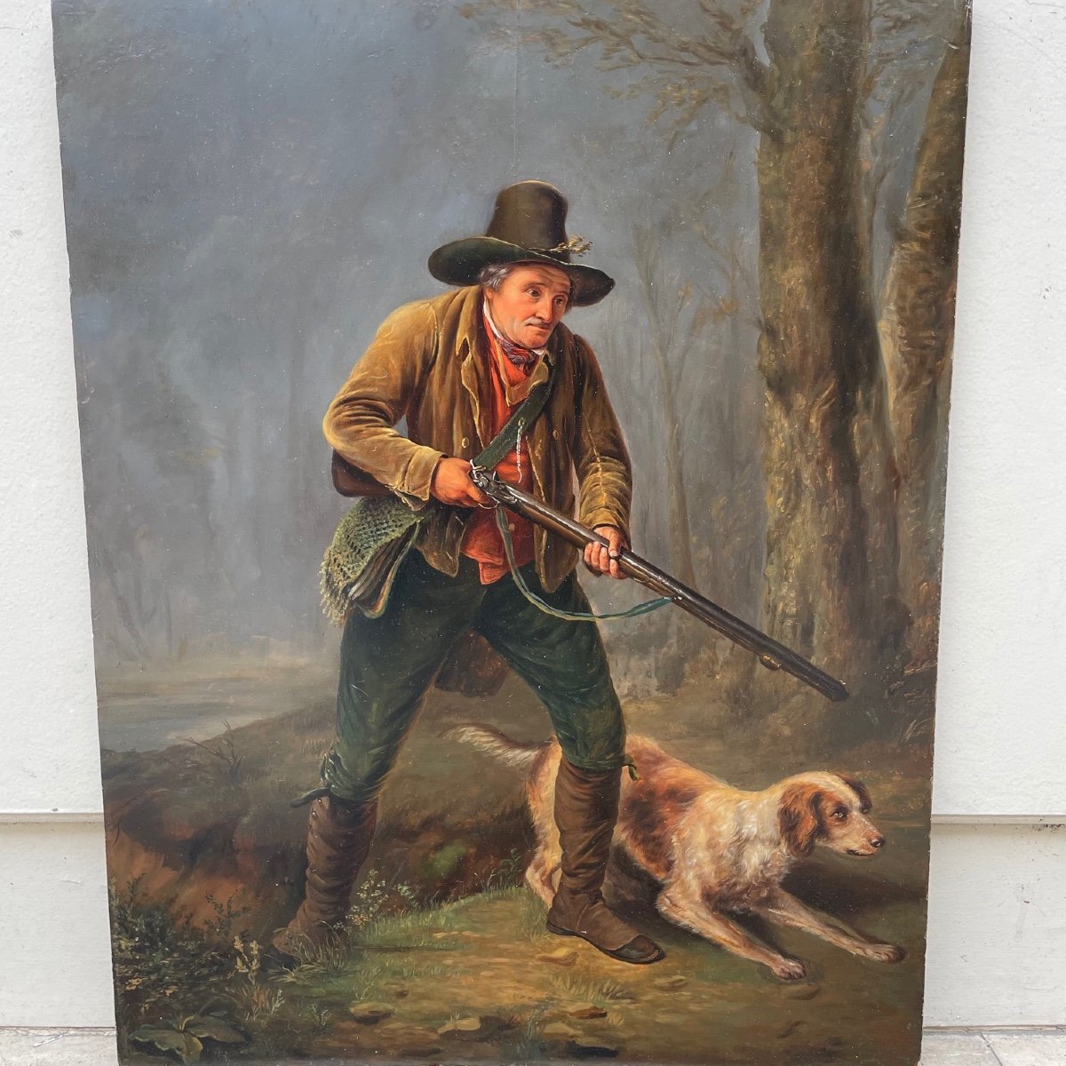 Oil On Wood Pointing Dog Hunting-photo-2