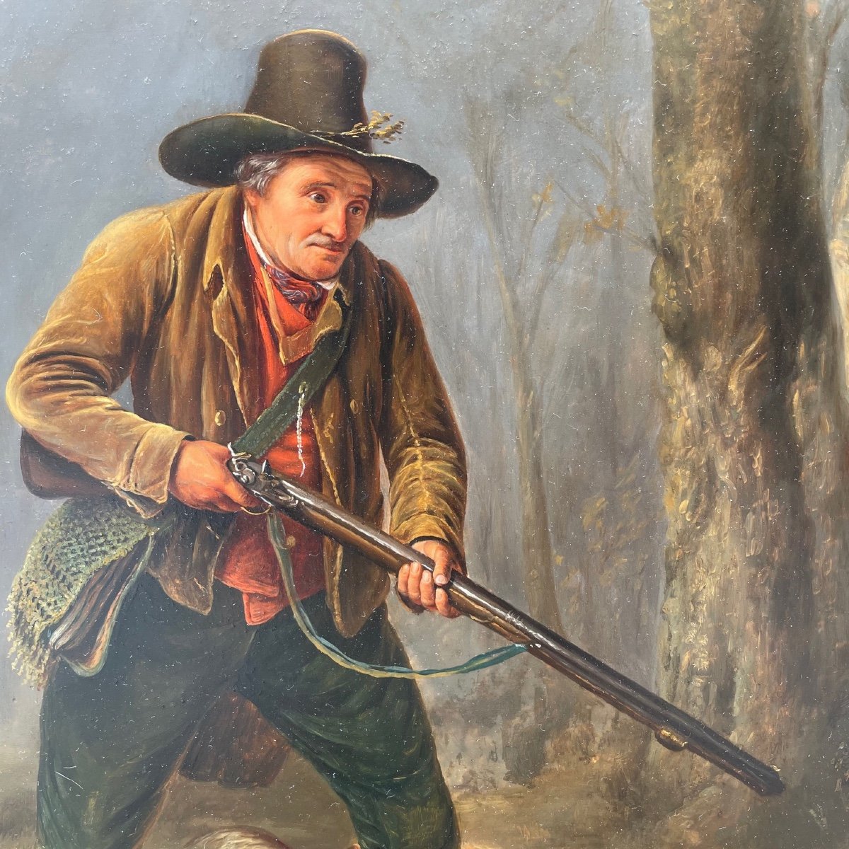 Oil On Wood Pointing Dog Hunting-photo-3