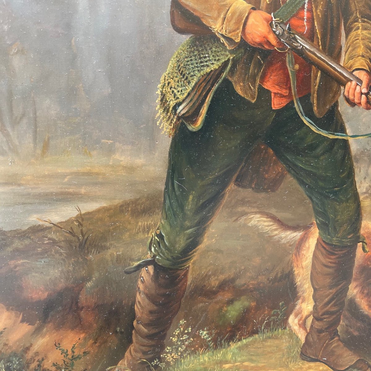 Oil On Wood Pointing Dog Hunting-photo-1
