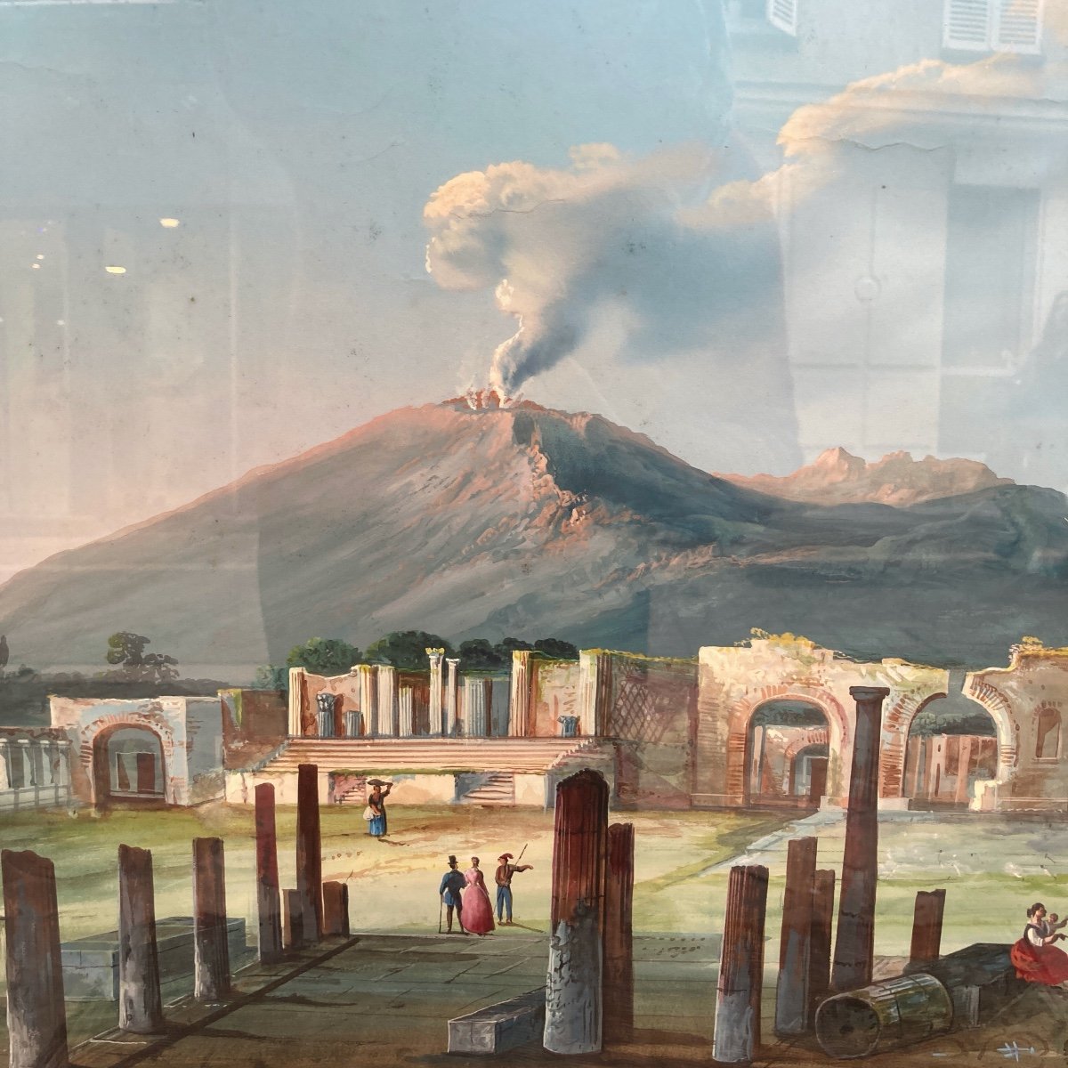 Vue De Pompéi, Gouache Napolitaine XIXe-photo-2