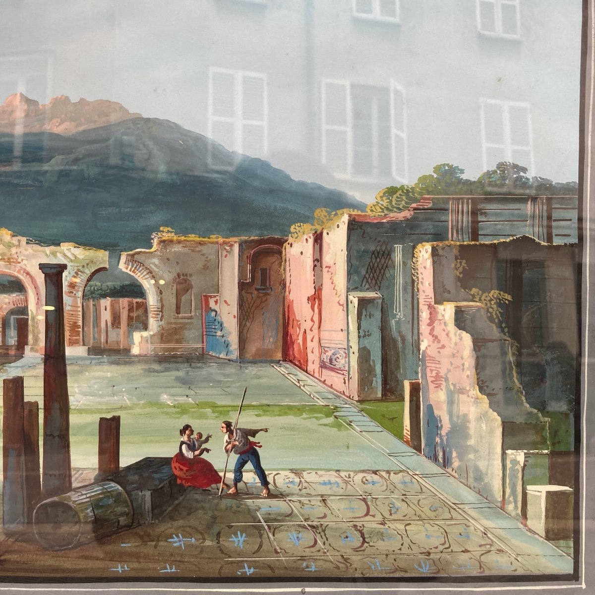 Vue De Pompéi, Gouache Napolitaine XIXe-photo-3