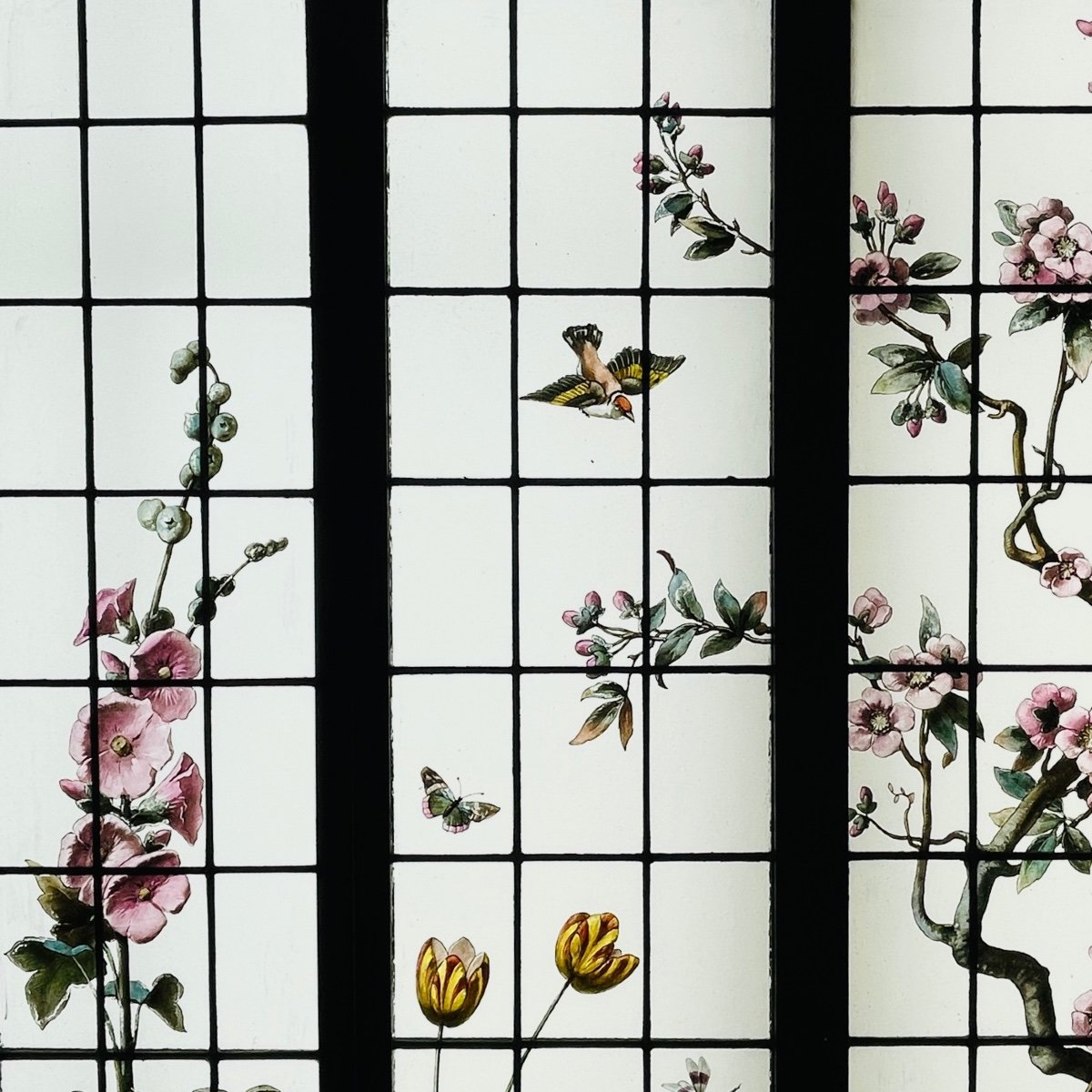 Vitrail Vitraux Aux Fleurs (branche De Cerisier, Rose Trèmière…)-photo-2