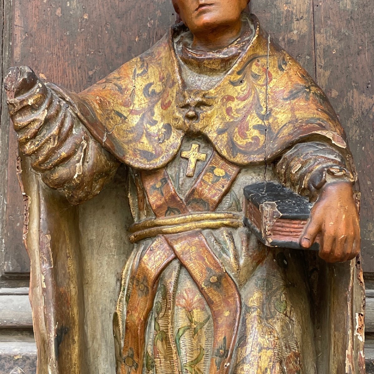 Statue D’évêque En Bois Peint Et Doré-photo-4