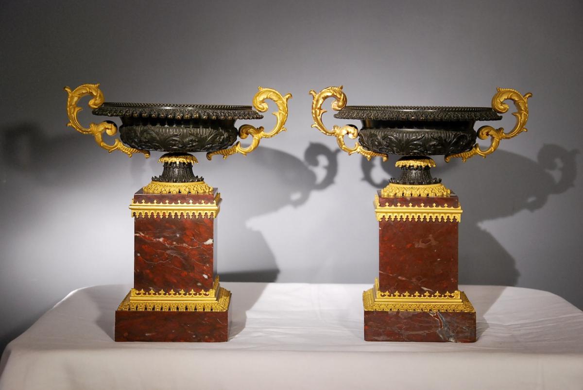 Paire De Cassolette En Marbre Rouge Griotte Bronze Doré époque 19ème Siècle