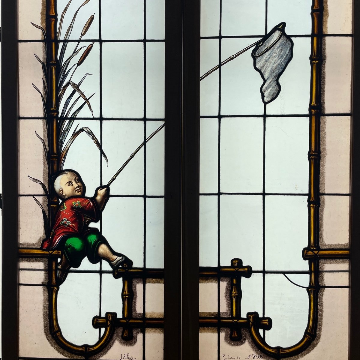Stained Glass Window The Child And The Butterfly Hunt Signed Ponsin-photo-3