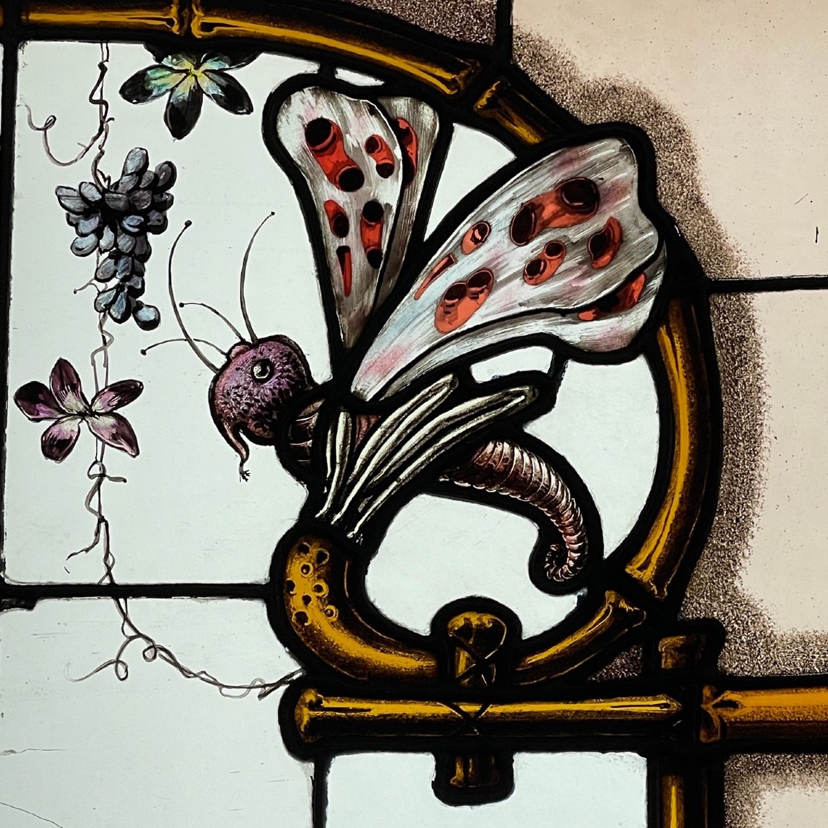 Stained Glass Window The Child And The Butterfly Hunt Signed Ponsin-photo-3