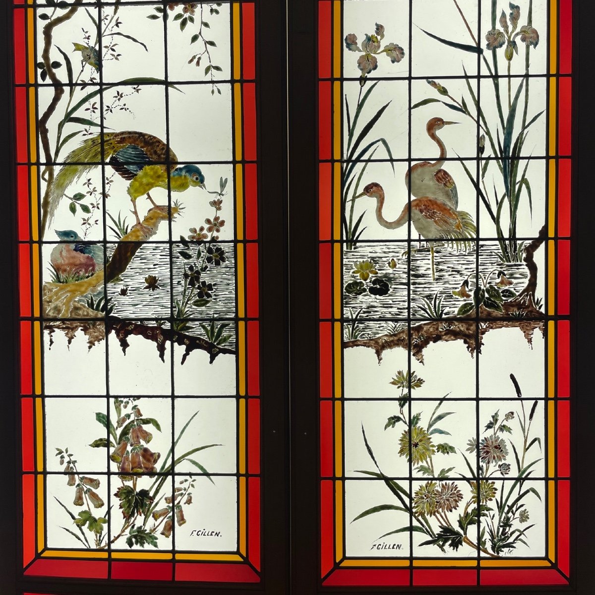 Stained Glass Peacock And Flamingos Signed F Gillen-photo-3