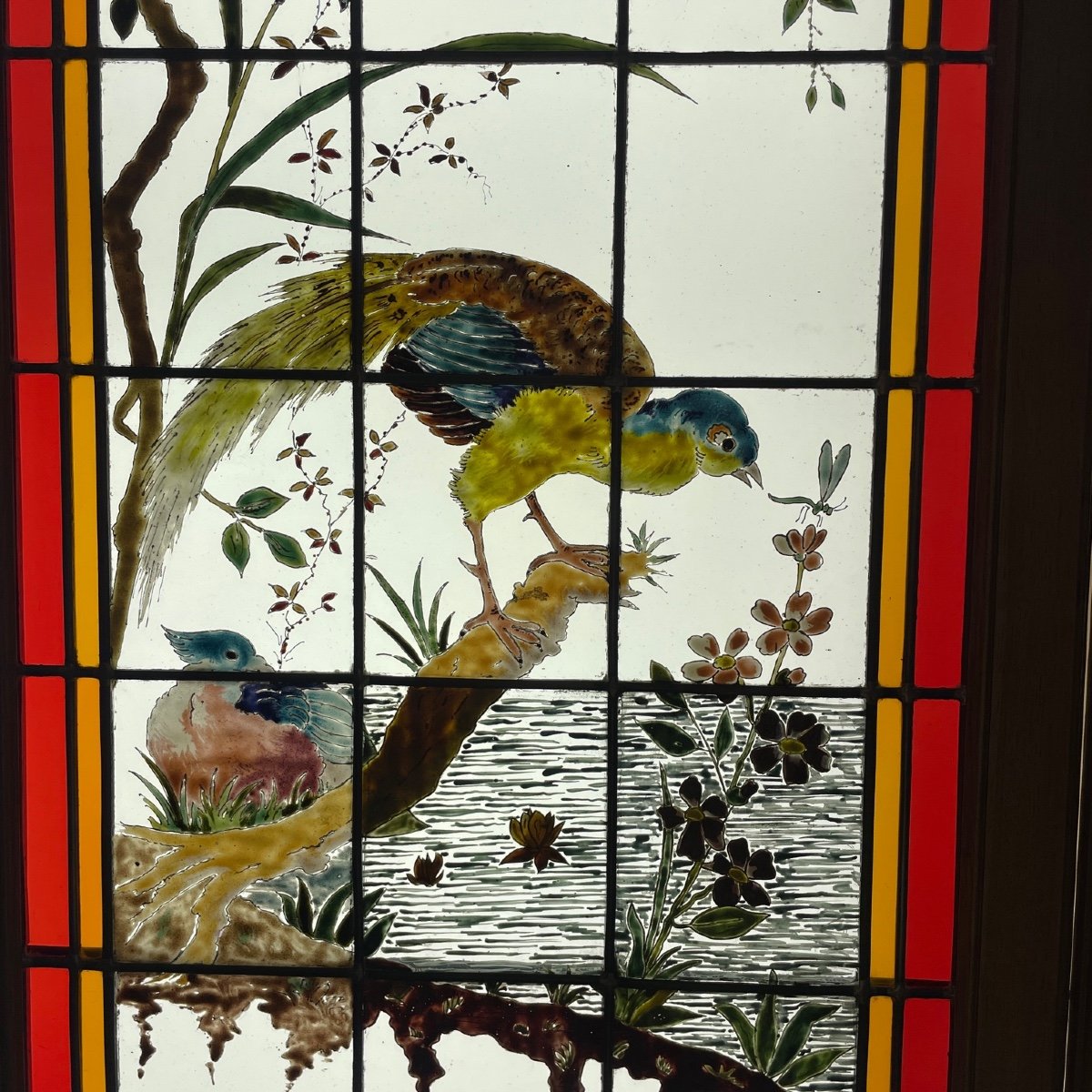 Stained Glass Peacock And Flamingos Signed F Gillen-photo-1