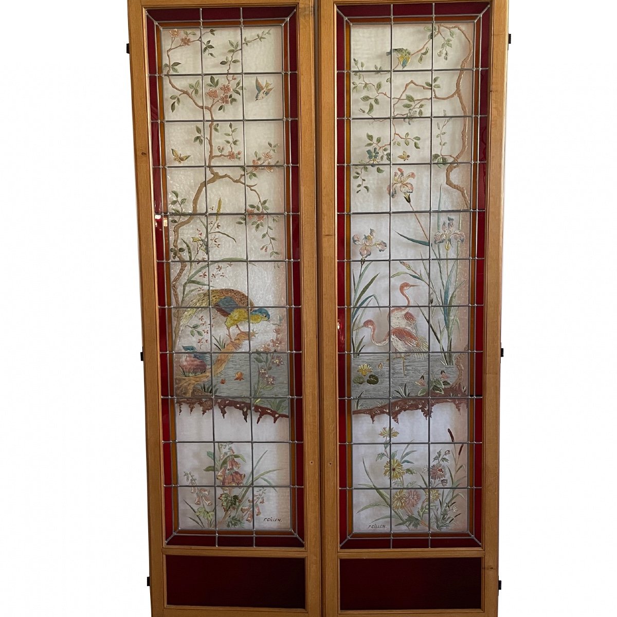 Stained Glass Peacock And Flamingos Signed F Gillen-photo-2