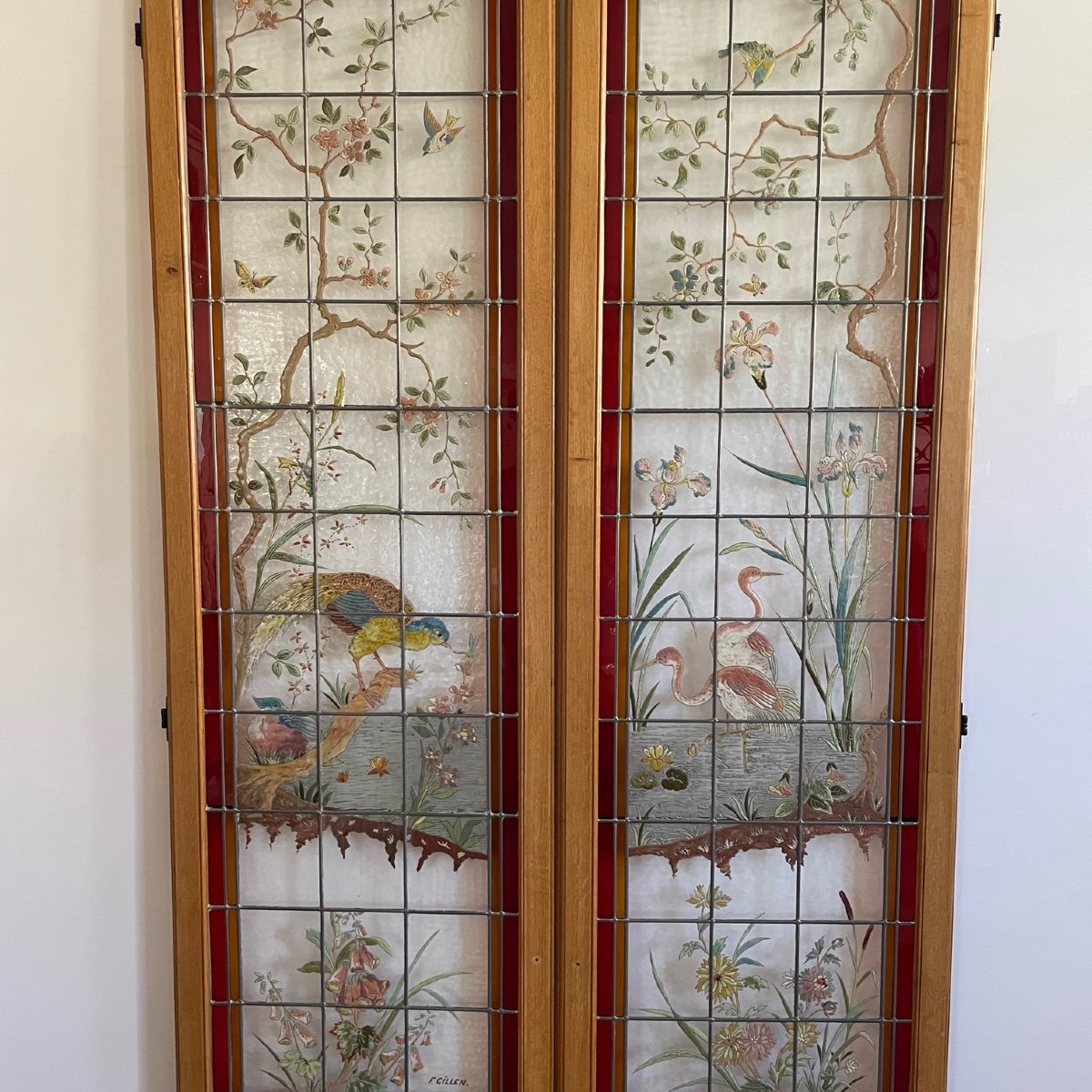 Stained Glass Peacock And Flamingos Signed F Gillen-photo-3