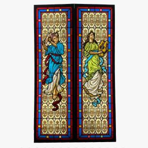 Pair Of Stained Glass With Dancers H184cm 108cm