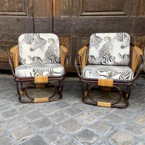 Pair Of Rattan Armchair With Zebras