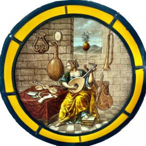 Vitrail Rondel En Grisaille L’atelier De Musique (26 Cm De Diamètre)