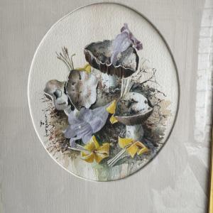 Aquarelle botanique aux champignons et fleurs jaunes
