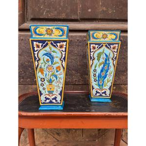 Pair Of Vieillard Bordeaux Vases With Enamel Work By Amédée De Carenza