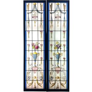 Pair Of Stained-glass Windows Featuring Amphorae With Flowers (h 172 Cm, W 86 Cm)