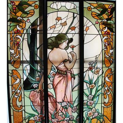Vitraux Art Nouveau Femme Aux Oeillets