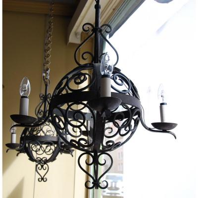 Pair Of Spherical Chandelier In Iron Forge