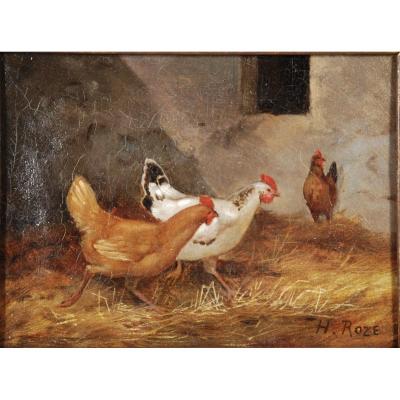 Les Trois Poules Huile Sur Toile Signé H.roze