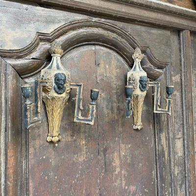 Pair Of Golden Wood Sconces Head Of A Character