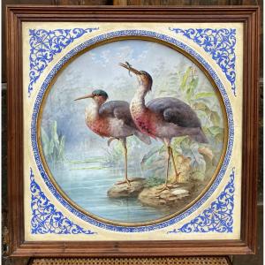 Peinture Sur Porcelaine Aux échassiers Signée Defer