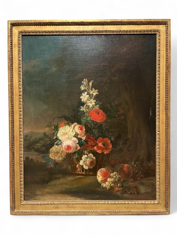  Pair Of Oils On Canvas - Floral Compositions In A Landscape In The Style Of Oudry-photo-2