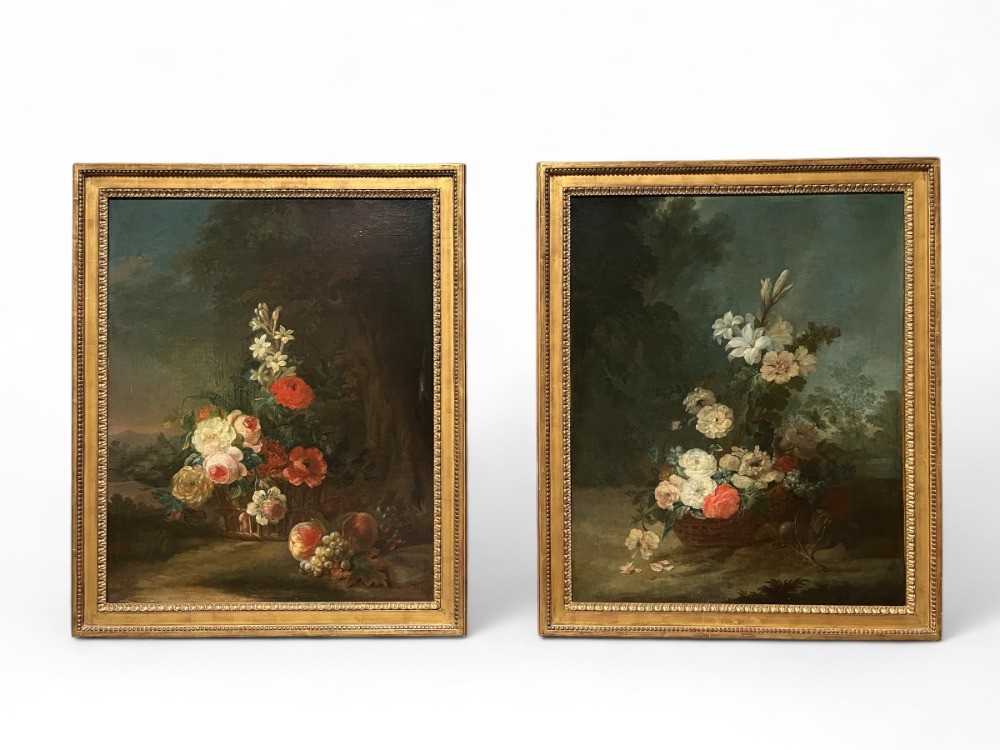  Pair Of Oils On Canvas - Floral Compositions In A Landscape In The Style Of Oudry