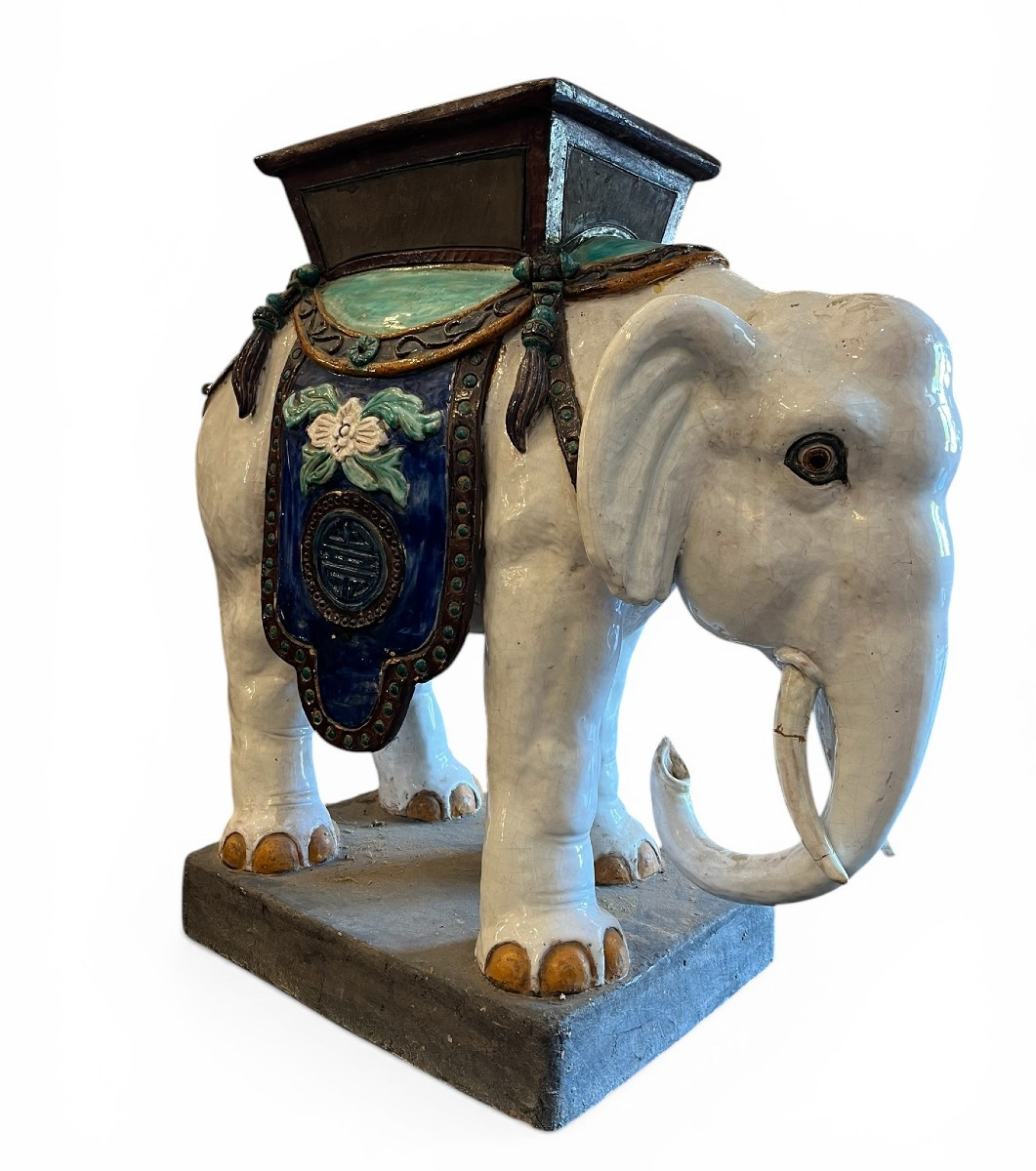 Elephant Forming A Glazed Earthenware Planter - 19th Century-photo-2