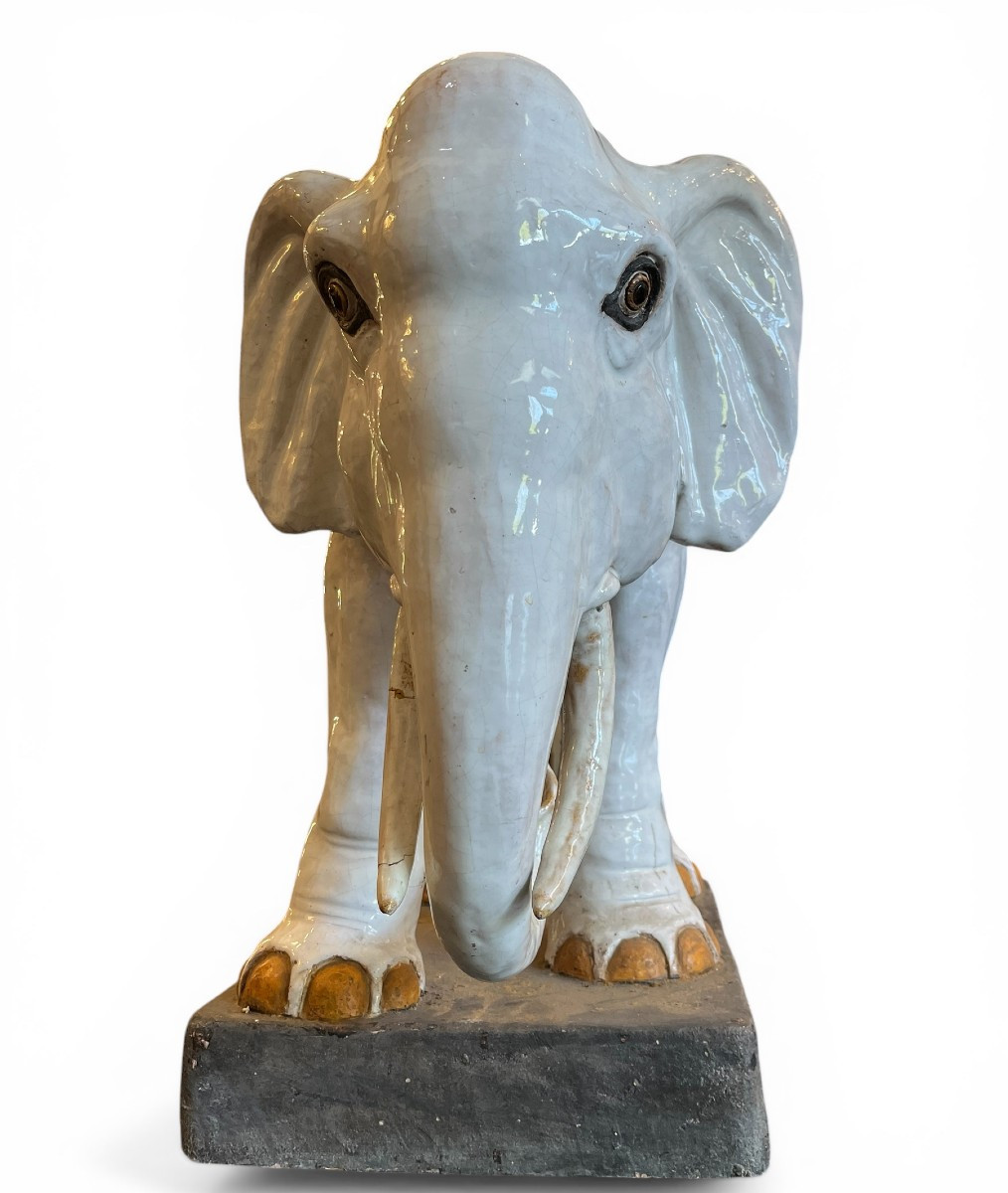 Elephant Forming A Glazed Earthenware Planter - 19th Century-photo-2