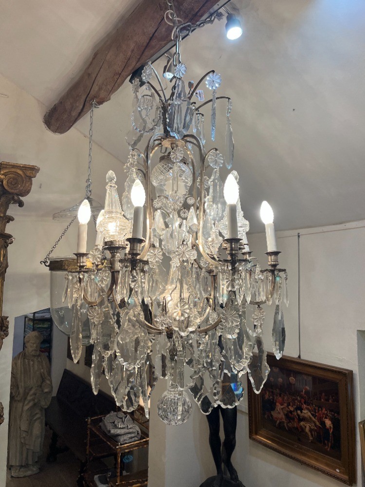 Lustre cage bronze argenté et cristal avec poignards éclairants