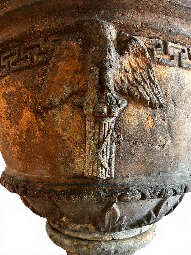 Paire de vasques en terre cuite signées Antoinetti Sienne, Italie XIXe siècle-photo-2