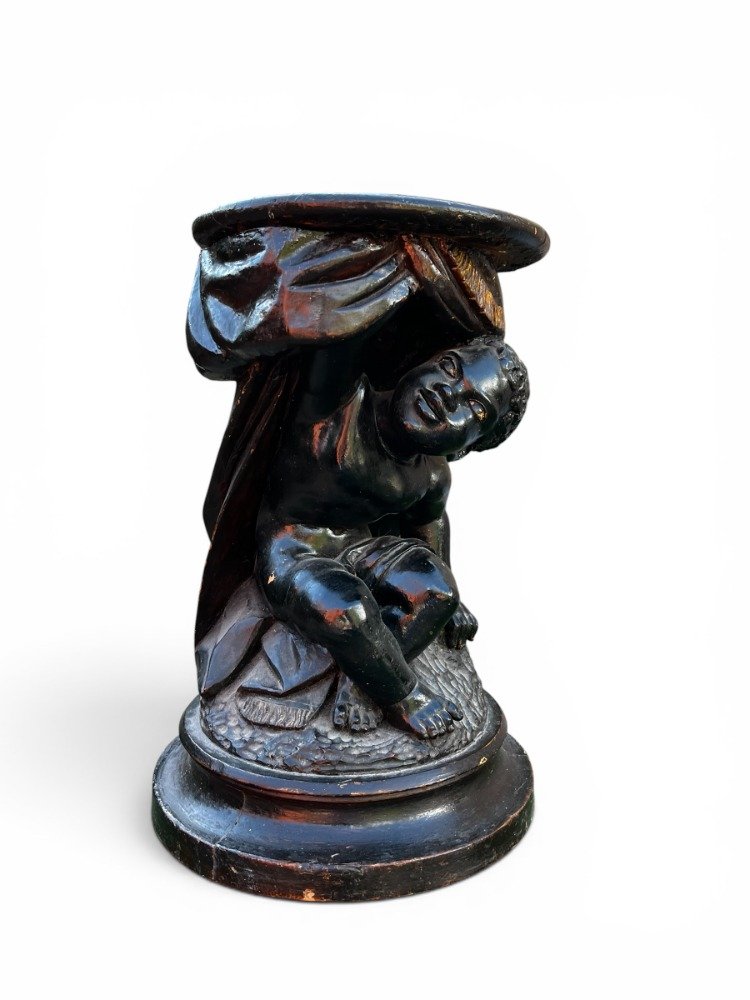 Petite sellette ou présentoir vénitien en bois noirci sculpté -photo-2