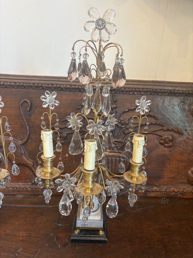Paire de Girandoles marbre bronze et cristal -photo-1