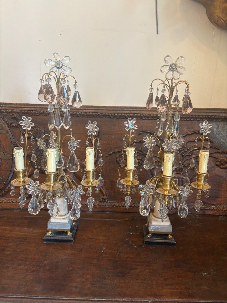 Paire de Girandoles marbre bronze et cristal 