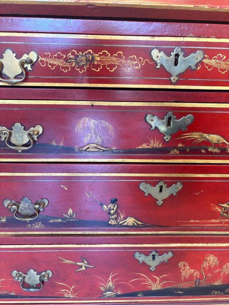Bureau Scriban en laque rouge décor au chinois-photo-3