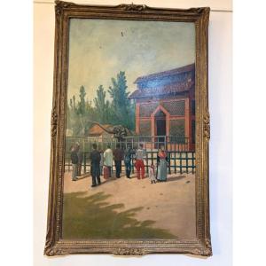 Painting Oil On Canvas Representing Surely The Zoo Of Barcelona