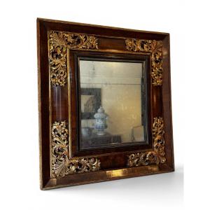 Antique Louis XIV-style Mirror In Walnut Veneer And Gilded Wood