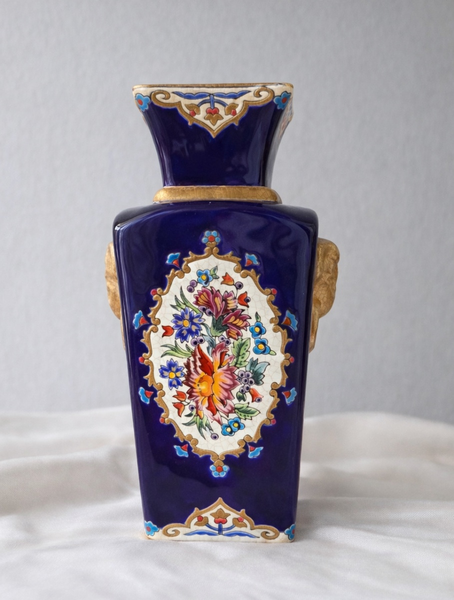 Longwy Enamel Vase With Floral Decoration And Elephant Head