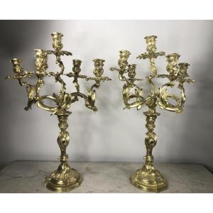 Paire  de candélabres en bronze doré  de  style  Louis XV