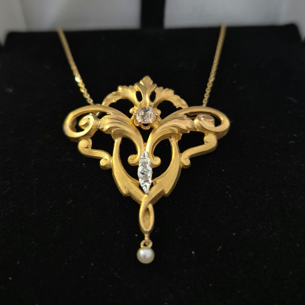 Yellow Gold Diamond Pearl Art Nouveau Pendant Late 19th Century-photo-2